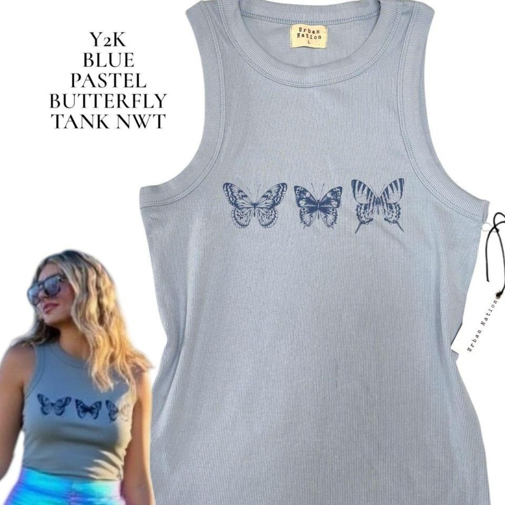 🦋 Y2K PASTEL BLUE BUTTERFLY RIBBED TANK TOP‎ S, L, XL NWT🦋